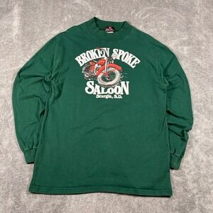 VTG 90s Hanes Mock Neck Broken Spoke Saloon Sturgis Rally LS Shirt L Green Y2K